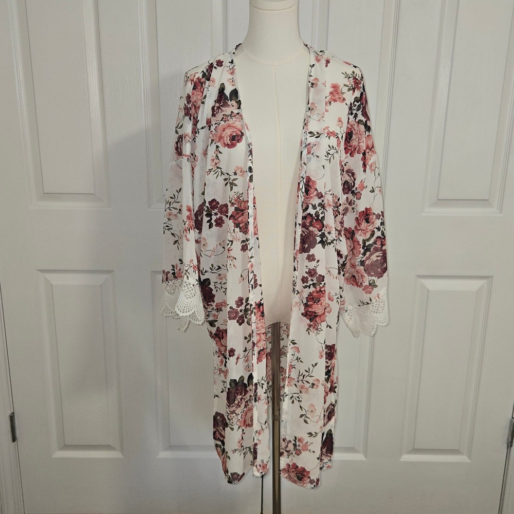 Wallflower Kimono Cardigan Womens XXL White Pink Floral Lace Trim Open Front